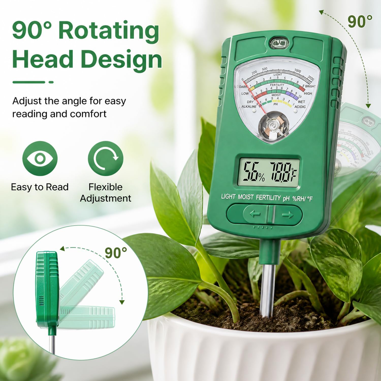 7-in-1 Soil Test Kit with 90° Rotatable Head, Soil Tester for Moisture/pH/Light Intensity/Fertility, Digital Screen for