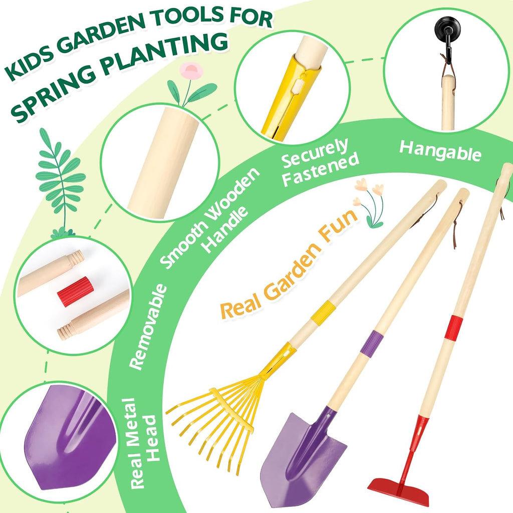 FHOZGECY Kids Gardening Set with Wheelbarrow and Metal Tools for Ages 3-8 | Dual-Size Metal Garden Tools, Apron
