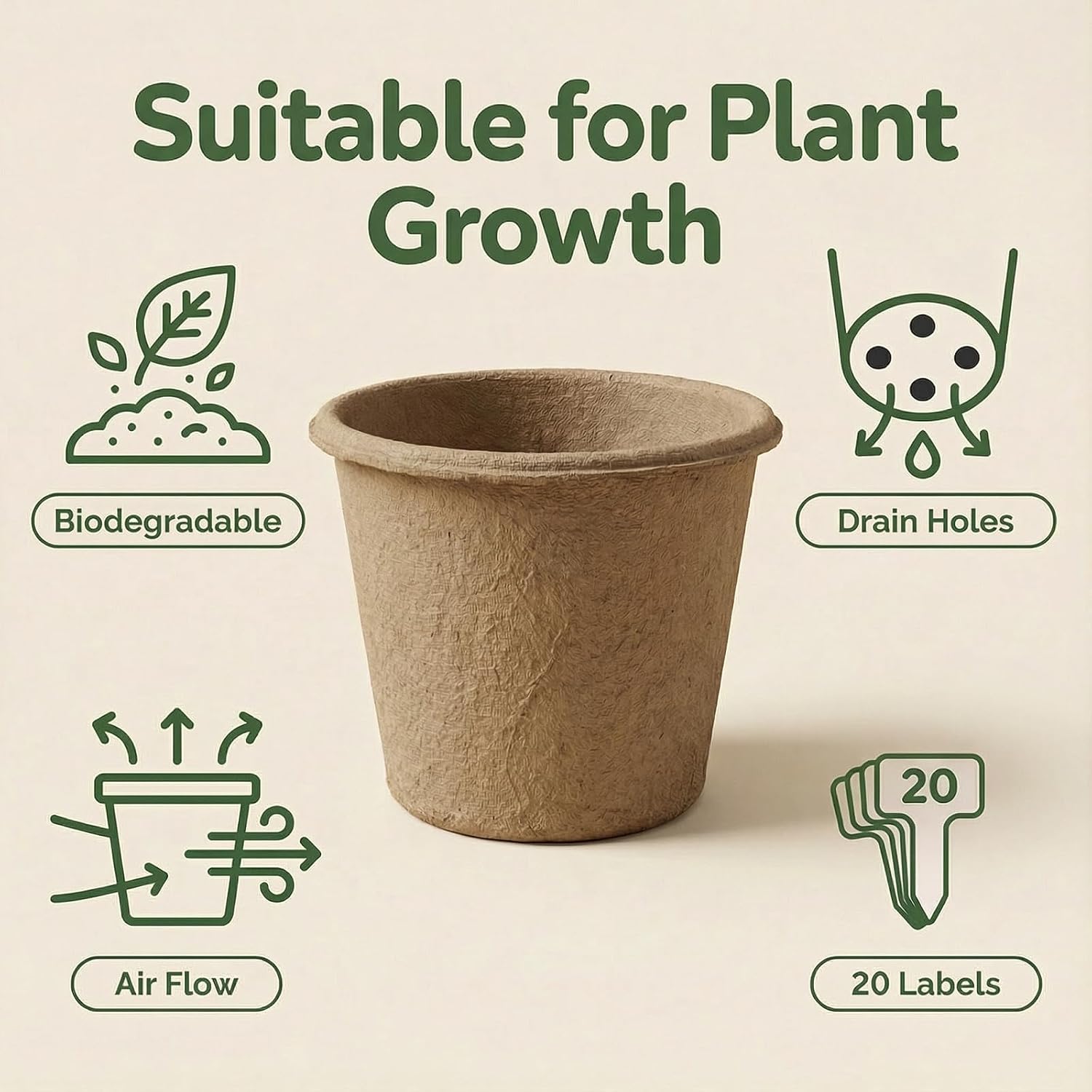 30 Packs 5 Inch Peat Pots with 30 Pcs Plant Labels, Biodegradable Seedling Pots with Drainage Holes, Nursery Pots
