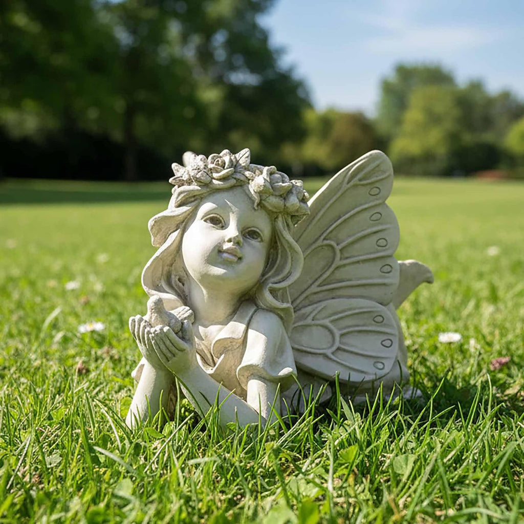 Fairy Garden Statue Holding Bird, Resin Outdoor Decor, 11.02 Inch | Hand-painted resin fairy figurine with bird and
