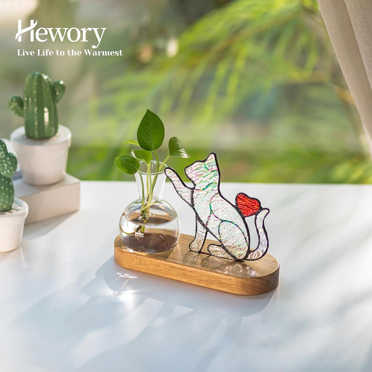 Hewory Handmade Cat Planter: Iridescent Stained Glass Propagation Stations | Cat Gifts for Women, Plant Lovers, Decor