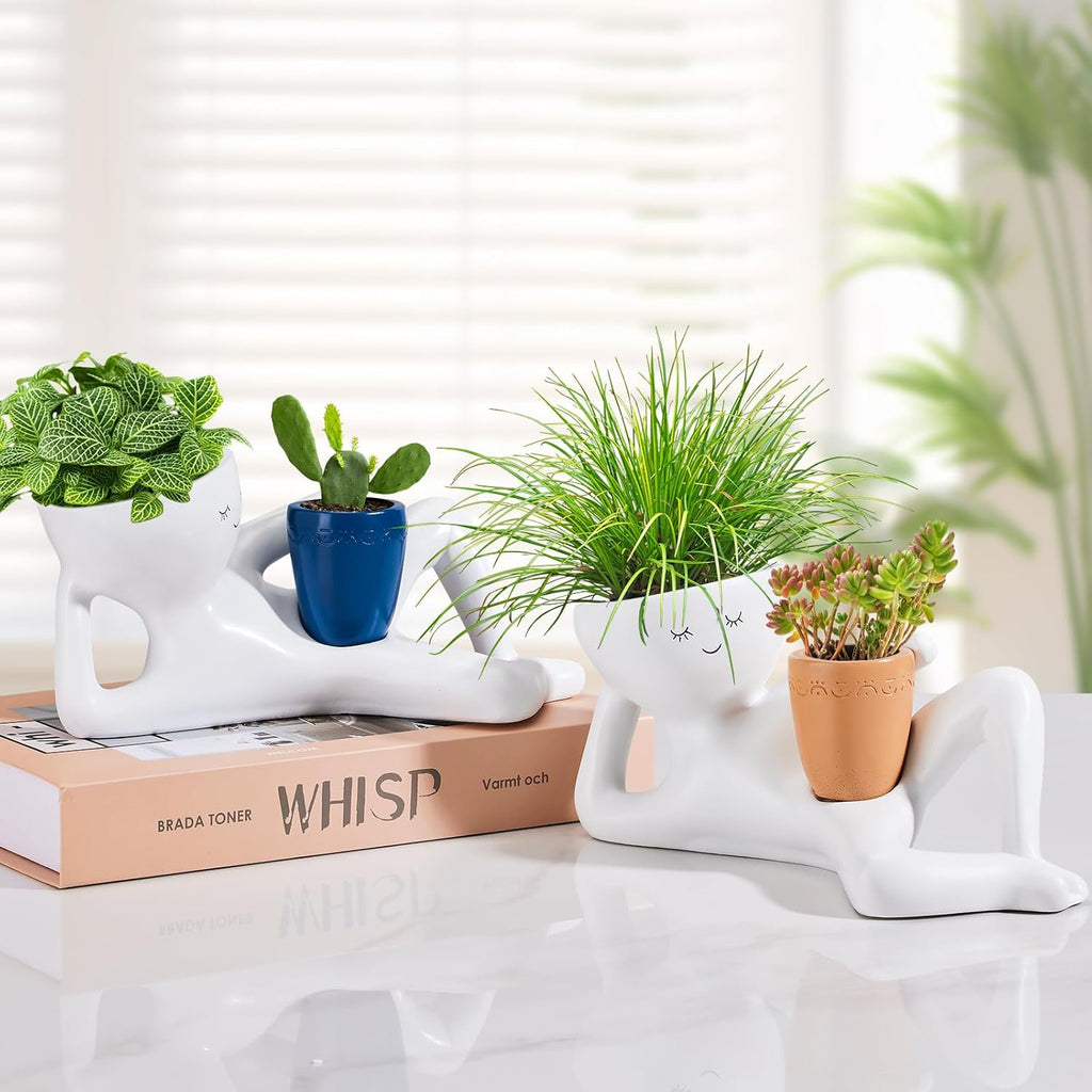 Face Planters Head, Funny Succulent Garden Pots,Cute Planters for Indoor Plants, Double Flower Pot with Drainage for