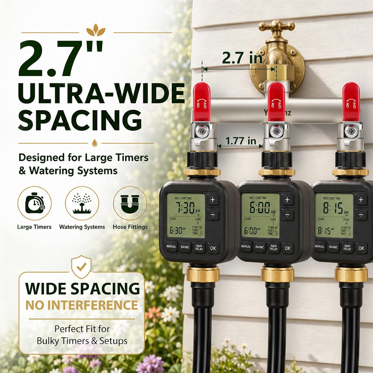 3 Way Garden Hose Splitter, 3/4" GHT Full Flow Hose Splitter | One-Piece Heavy Duty Full Brass Body with Shut-off