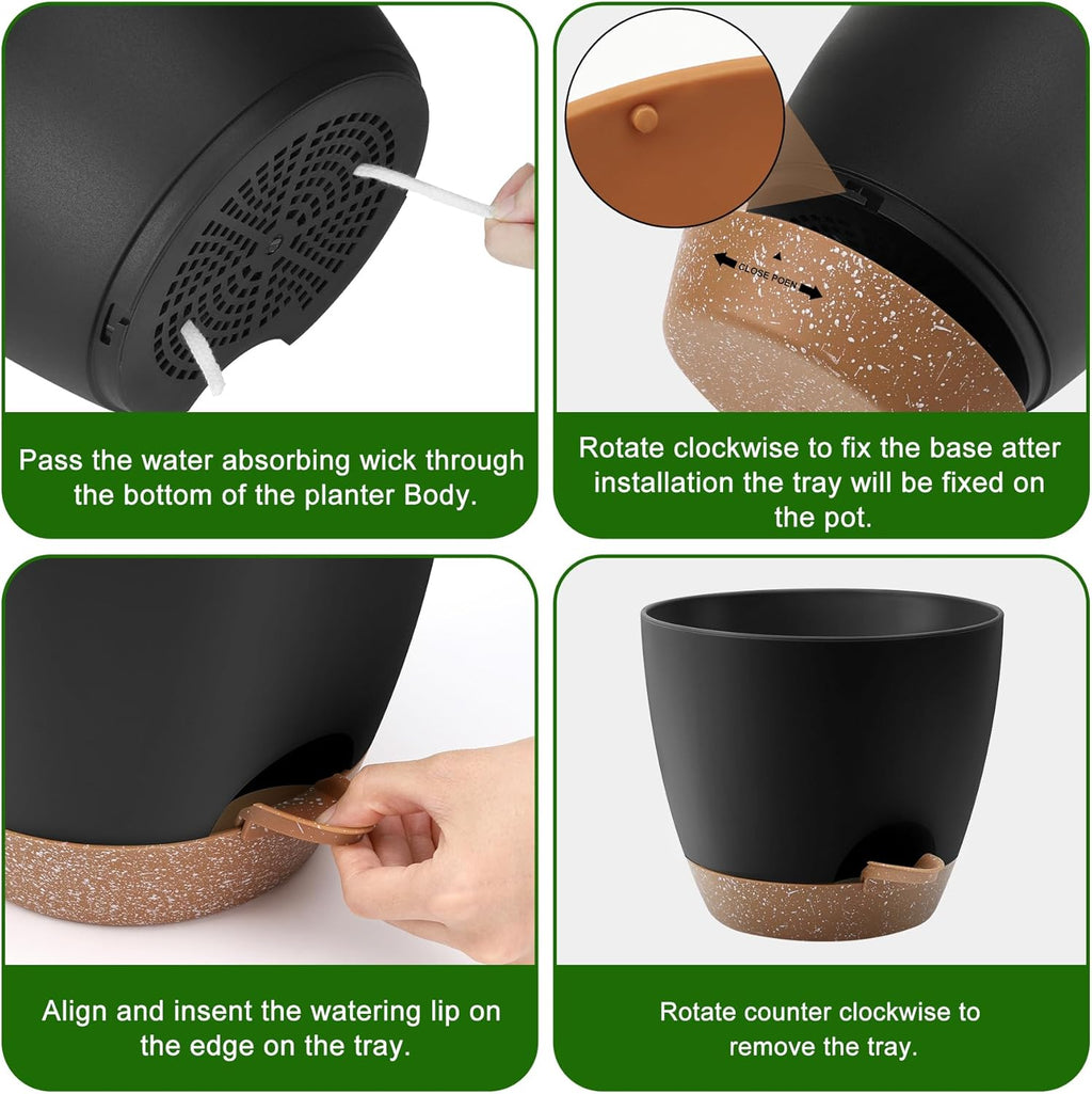 Plant Pots 10/9/8/7.5/7 Inch Self Watering Pots, Set of 5 Plastic Planters with Drainage Holes and Saucers,Plastic