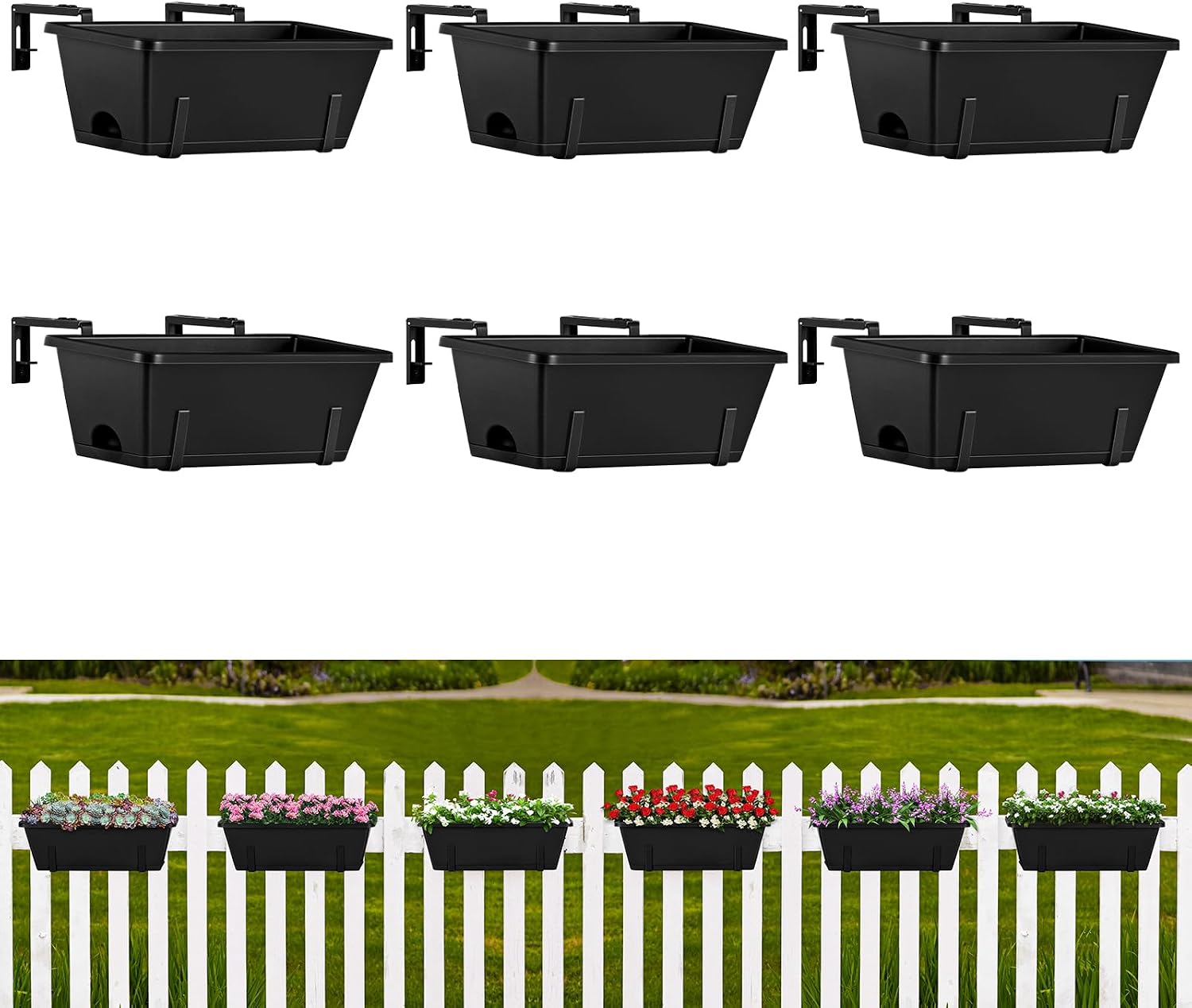 ETELI Railing Planter Hanging Planter Box with Brackets Set 6, Black | Adjustable with Drainage Holes for Deck Garden