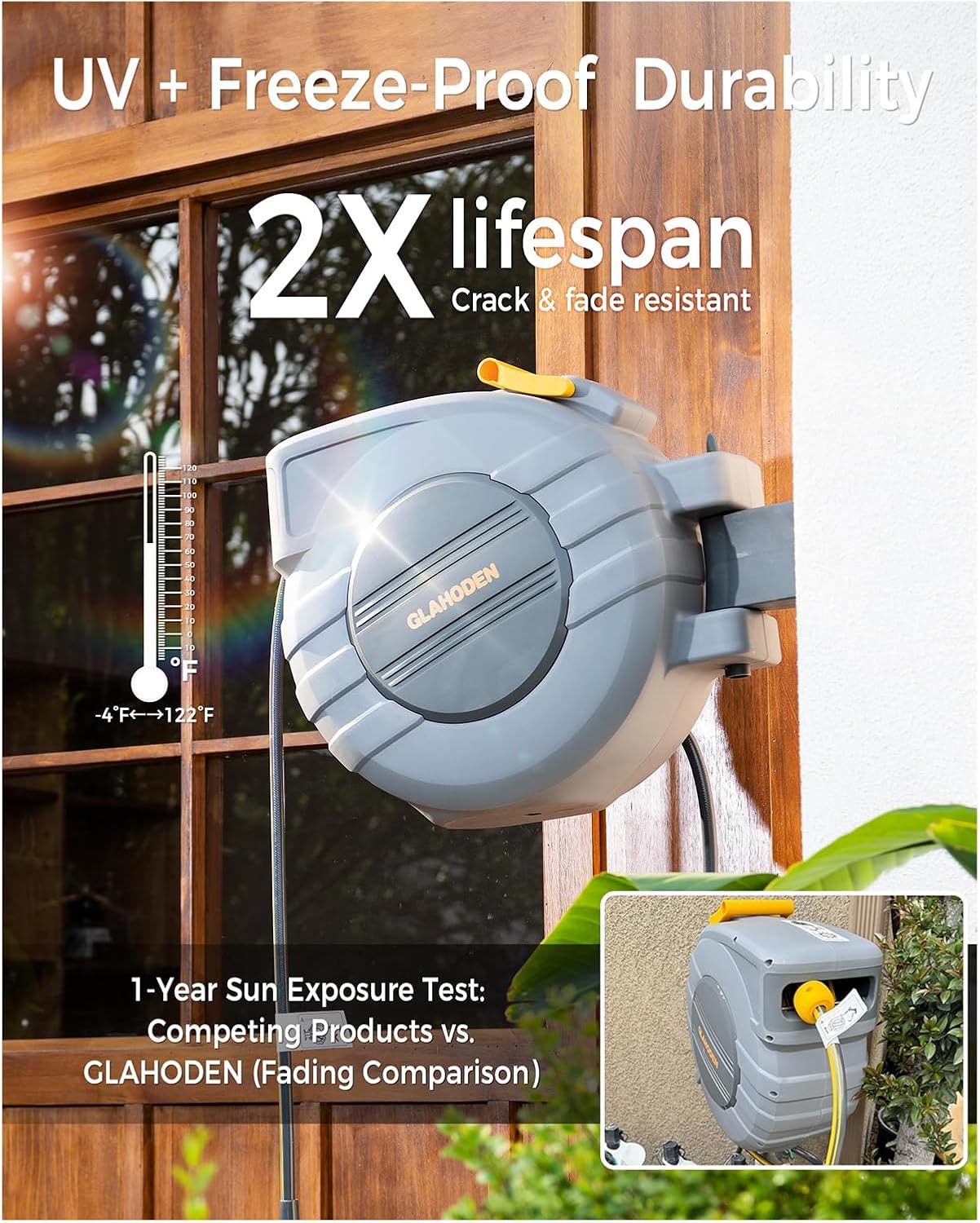Retractable Garden Hose Reel, 5/8 in x 100 ft UV Resistant Heavy Duty Water Hose Reel with Automatic Slow Rewind & Any