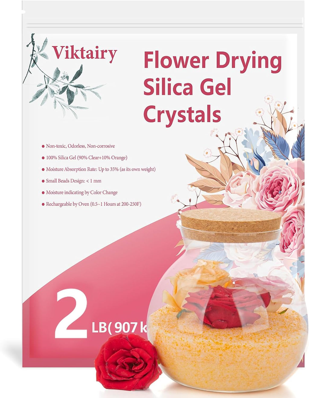 2LBS Silica Gel Flower Drying Crystals, with Brush and User Manual