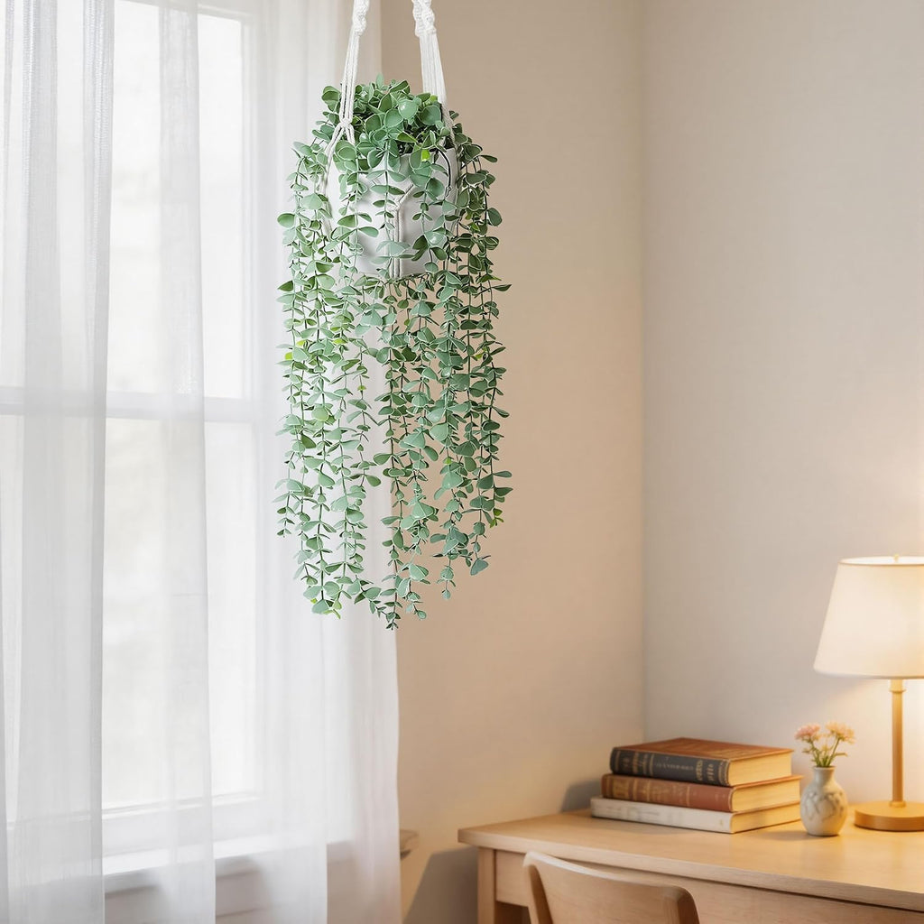 DREAMLOOM 2 Packs Fake Hanging Plants with Pots, Artificial Eucalyptus Hanging Plants with Macrame Hanger for Indoor