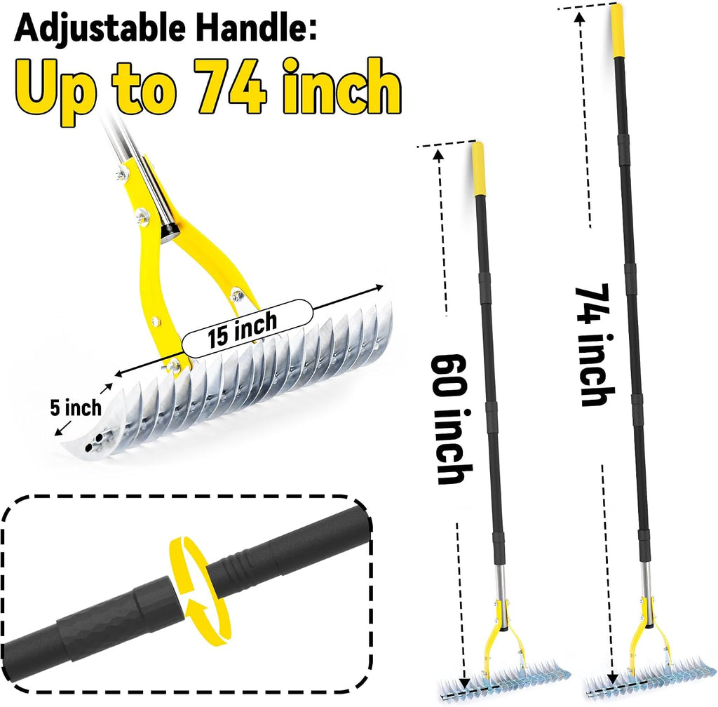 Thatch Rake for Lawn with 74inch Handle, 15 inch Dethatcher Rake for Grass to Cleaning Dead Grass, Efficient Steel