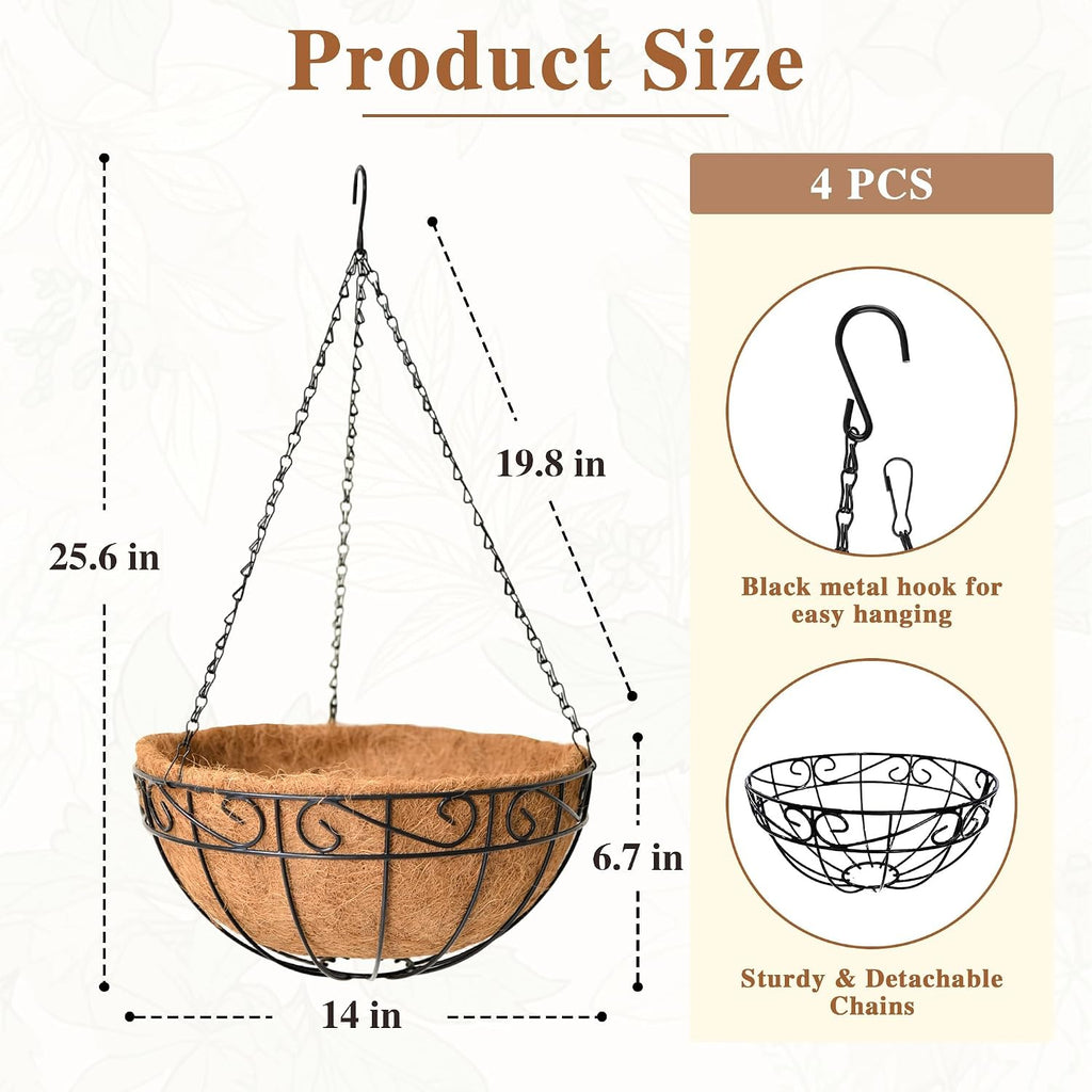 4 Pack Hanging Planter for Outdoor Plants 14 inch Metal Hanging Flower Basket with Coco Coir Liner Round Wire Plant