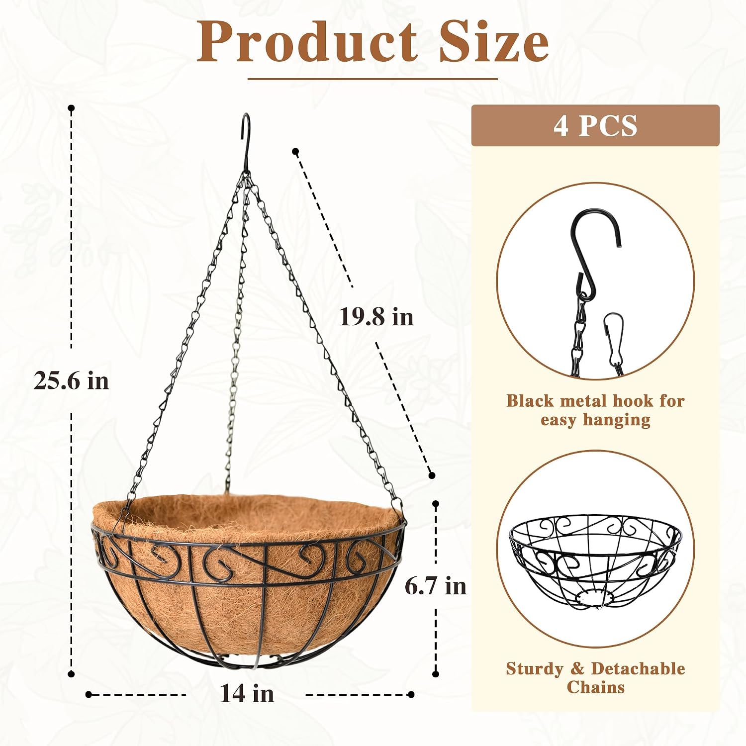 4 Pack Hanging Planter for Outdoor Plants 14 inch Metal Hanging Flower Basket with Coco Coir Liner Round Wire Plant