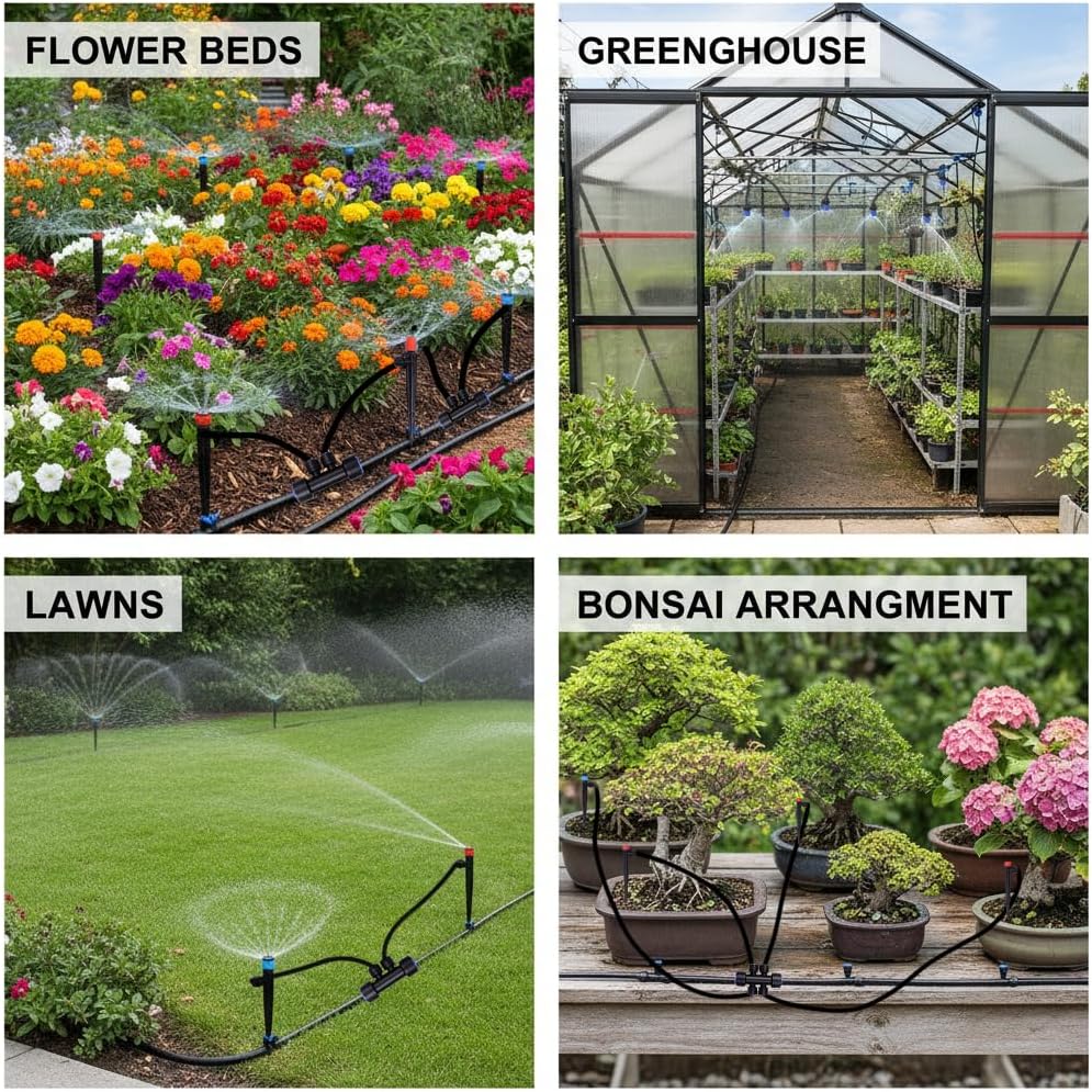 230FT Garden Irrigation System with 40 Nozzles & Emitters, Automatic Watering System with 1/2" & 1/4" Tube and Barbed