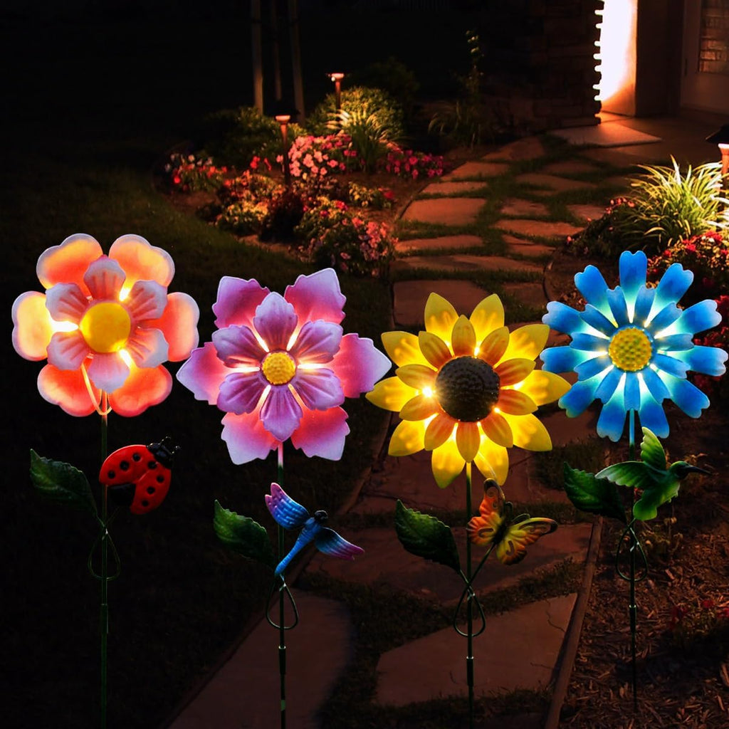 Solar Garden Stakes Lights for Outdoor Decor, 4 Pack Waterproof Metal Art Stick Flowers, Light for Outside Garden Patio