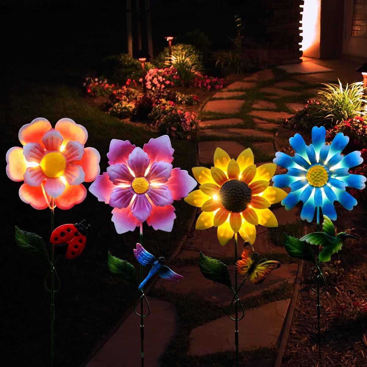 Solar Garden Stakes Lights for Outdoor Decor, 4 Pack Waterproof Metal Art Stick Flowers, Light for Outside Garden Patio