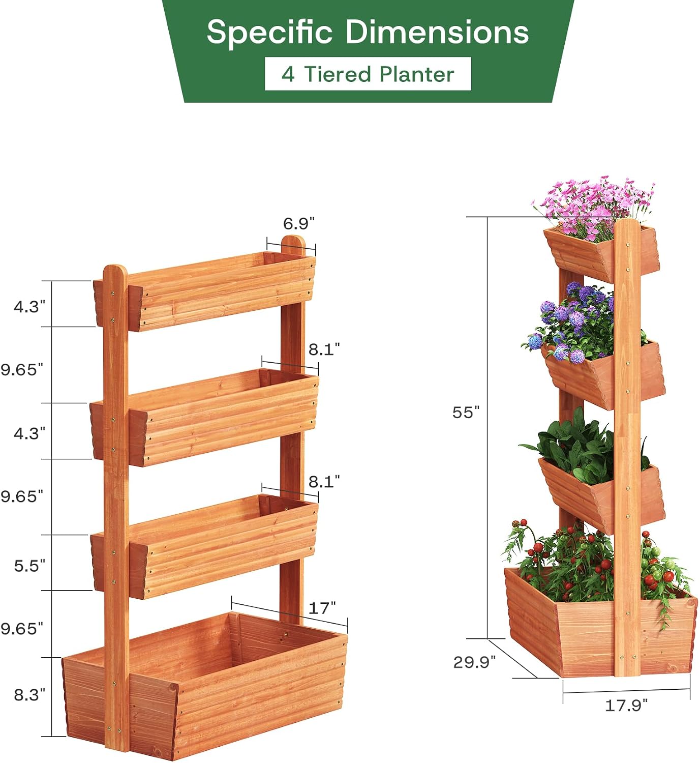 kiplant Adjustable Angle 4-Tiered Wooden Raised Garden Bed, Freestanding Vertical Planter Rack, Plant Box for Herbs