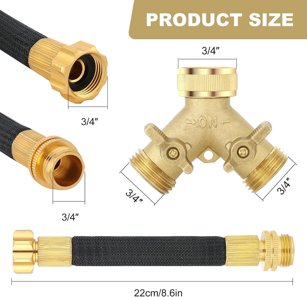3/4 Inch Brass 2-Way Garden Hose Splitter – Y-Shaped Hose Connector with 2 Anti-Kink Spiral Protectors, Heavy-Duty