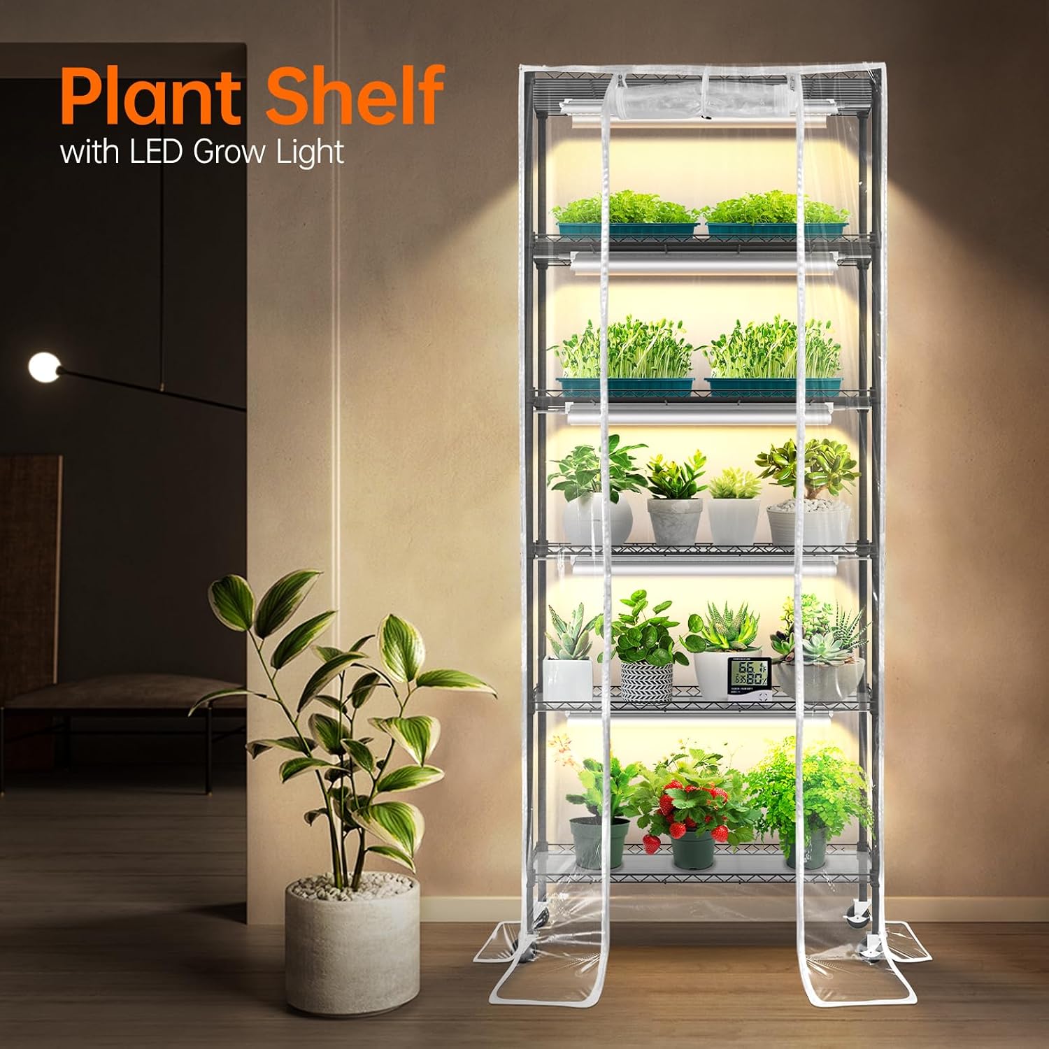 6-Tier Indoor Greenhouse with Grow Light, 29.5x13.8x71in | Indoor Greenhouse, 5-Pack Full Spectrum Plant Lights, 150W