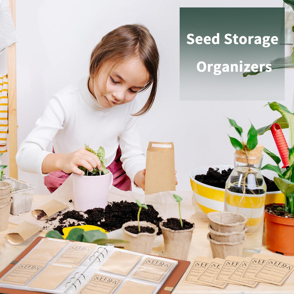 Garden Seed Storage Organizer Binder - 150 Resealable Seed Envelopes Brown Shell with 40 Sheet Protectors for Efficient