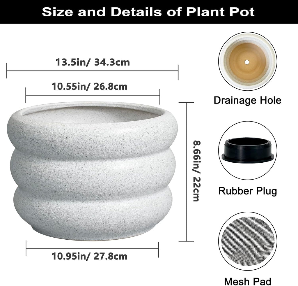 SQOWL Ceramic Planter Pot 13.5 Inch - Plant Pot Indoor with Drainage Hole Large Flower Pot Outdoor Modern Planter House