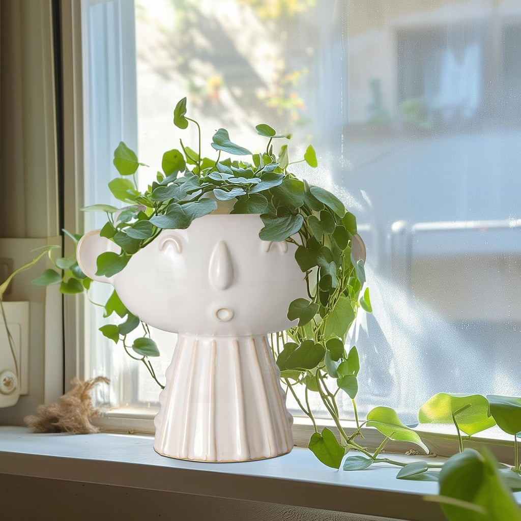Face Planter Pot 7 Inch - Cute Ceramic Flower Head Planter for Indoor Outdoor Succulent Pot with Drainage Hole Flower