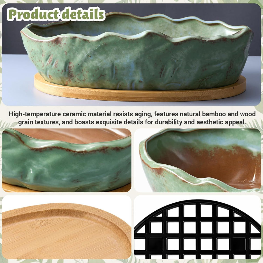 Succulent Pot 11 Inch Large Succulent Planters with Drainage Ceramic Bonsai Pot with Bamboo Tray Round Shallow Planter