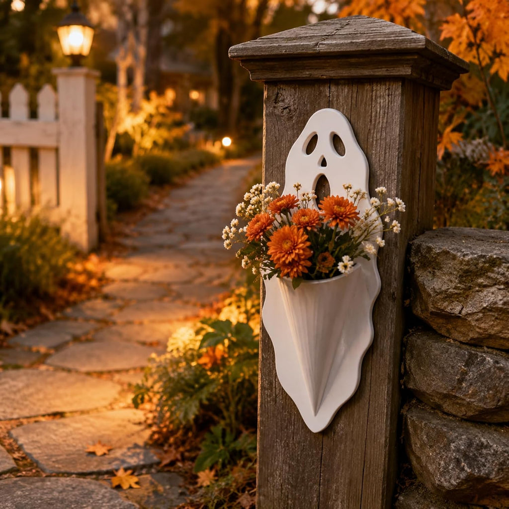 Halloween Ghost Wall Planter 13.4'' White Ghost Scream Face Resin Wall Vase Spooky Hanging Pocket Planter for Plants