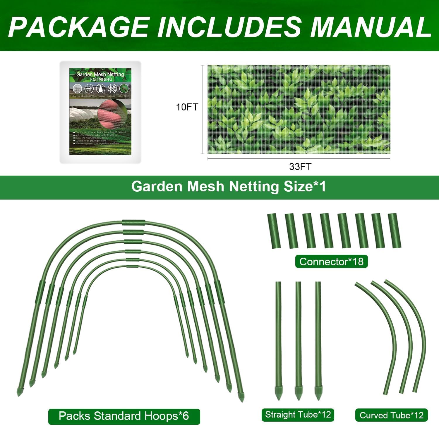 Garden Netting Kit, Garden Hoops 6Pcs+10x20FT Garden Mesh Netting with 18 Clips Barrier Bird Barrier Protection Net