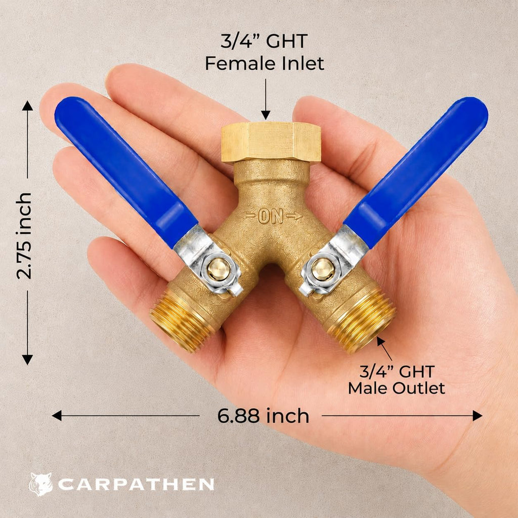 3/4" Standard 2 Way Garden Hose Splitter, Solid Brass Body | For Garden, Washing Machines, Indoor or Outdoor Faucets