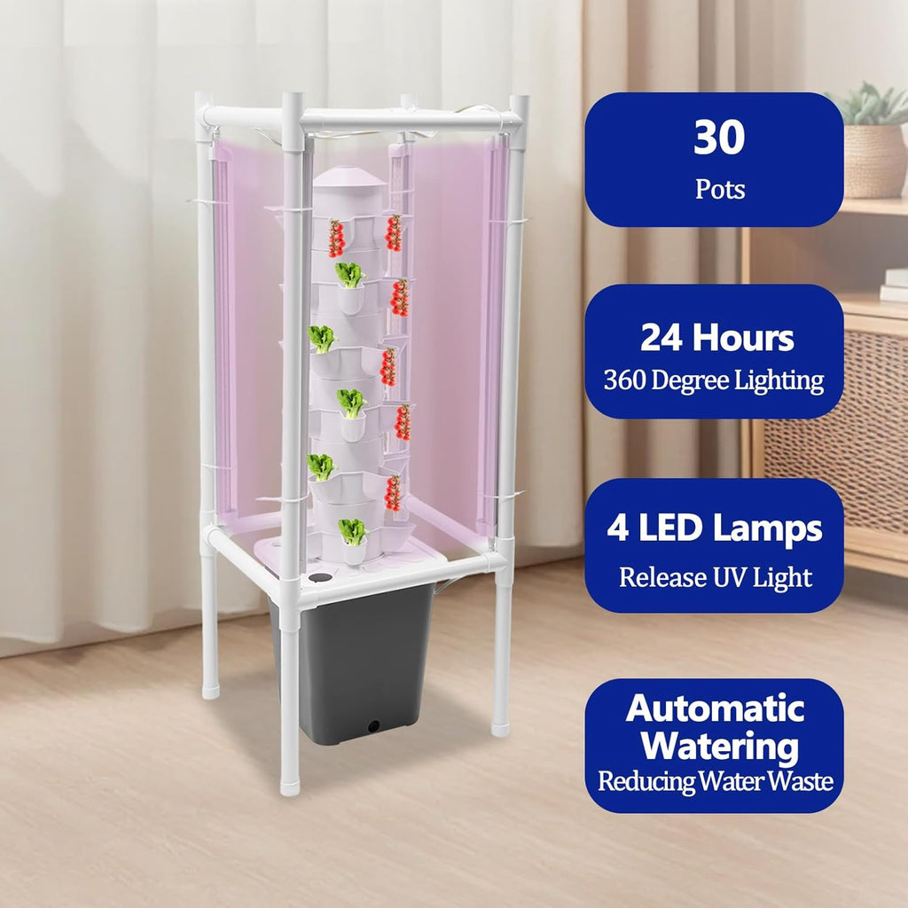 Hydroponic Tower Growing System Kits with LED Grow Lights 30 Pods Indoor Vertical Planter Germination Kit 6 Layers