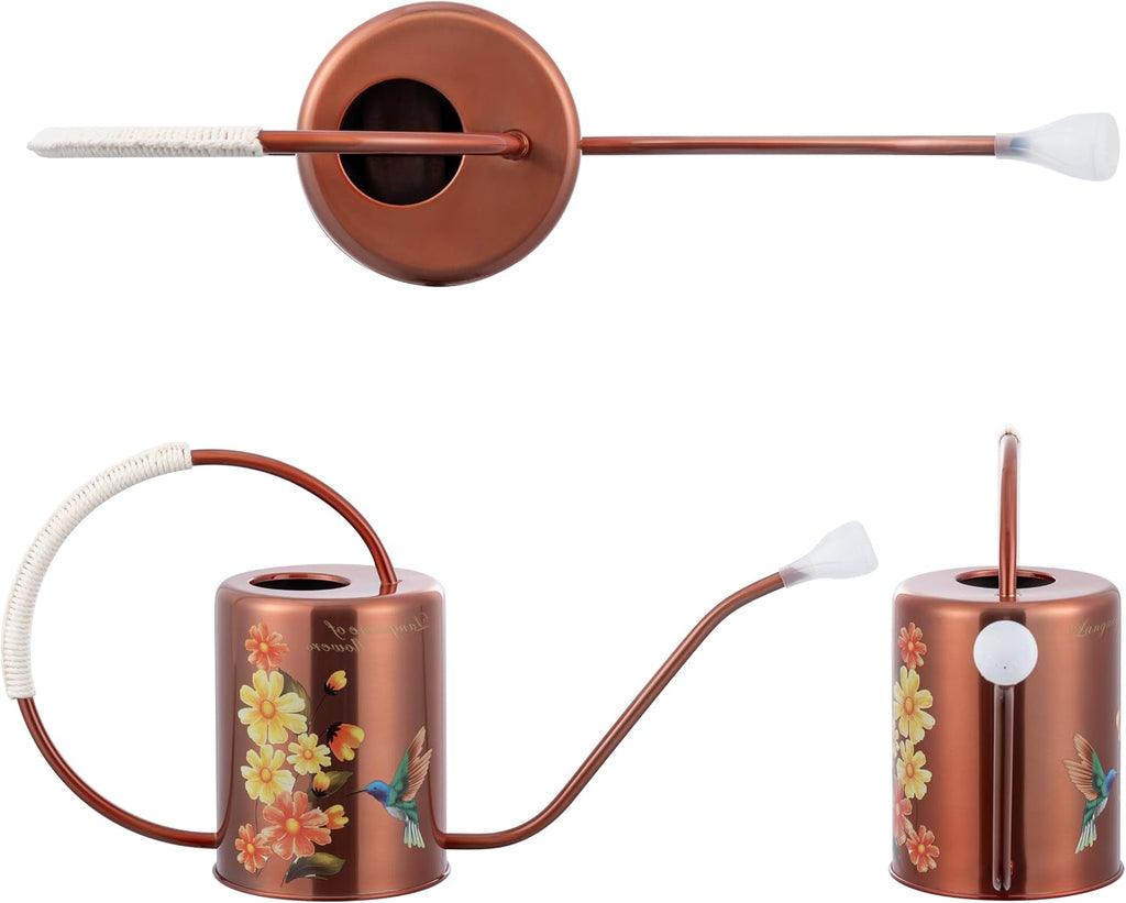 68oz Bronze Stainless Steel Watering Can, Hummingbird Pattern & 2 Sprayers