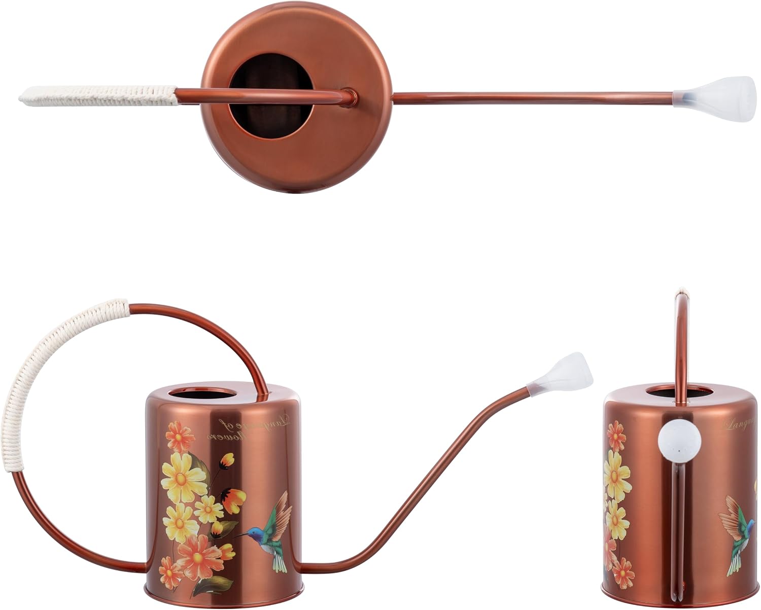 68oz Bronze Stainless Steel Watering Can, Hummingbird Pattern & 2 Sprayers