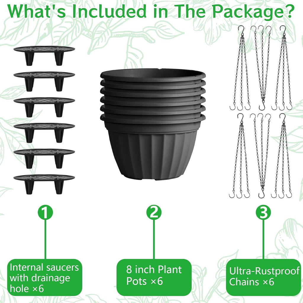 FGstyle 6 Pack 8 Inch Hanging Planters,Hanging Baskets for Plants Outdoor | Self Watering Plastic Hanging Flower Pots
