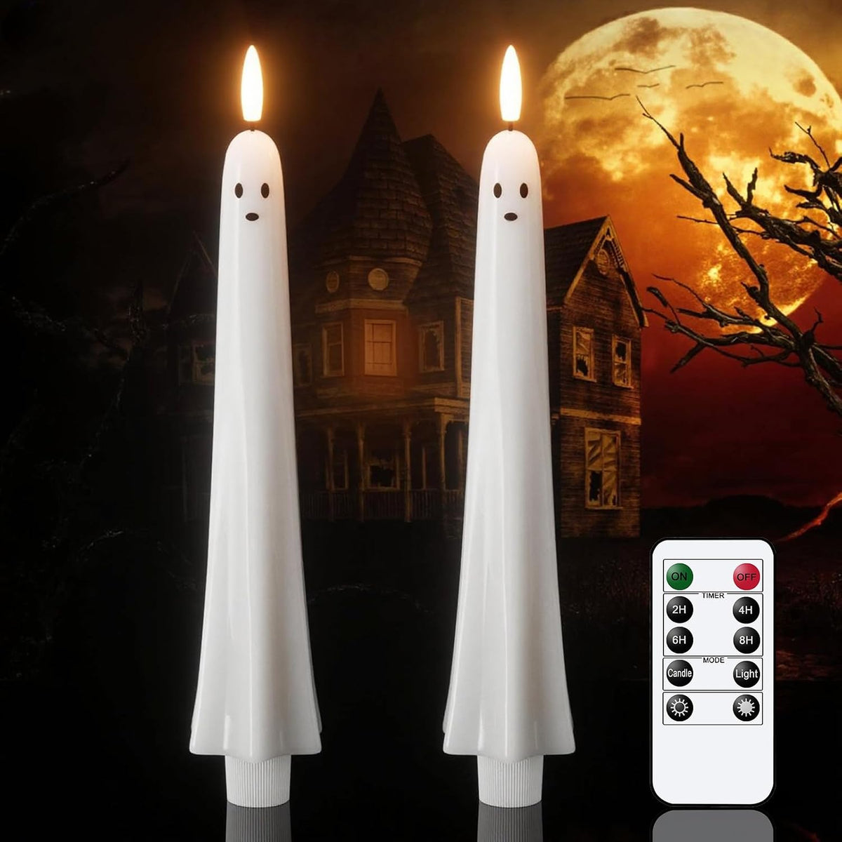 Wondise Halloween Ghost Flameless Taper Candles with Remote & Timer