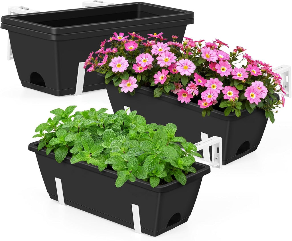 Railing Planter Box 4 Pack Hanging Balcony Planters with Adjustable Bracket | 17 Inch Railing Window Boxes Planter