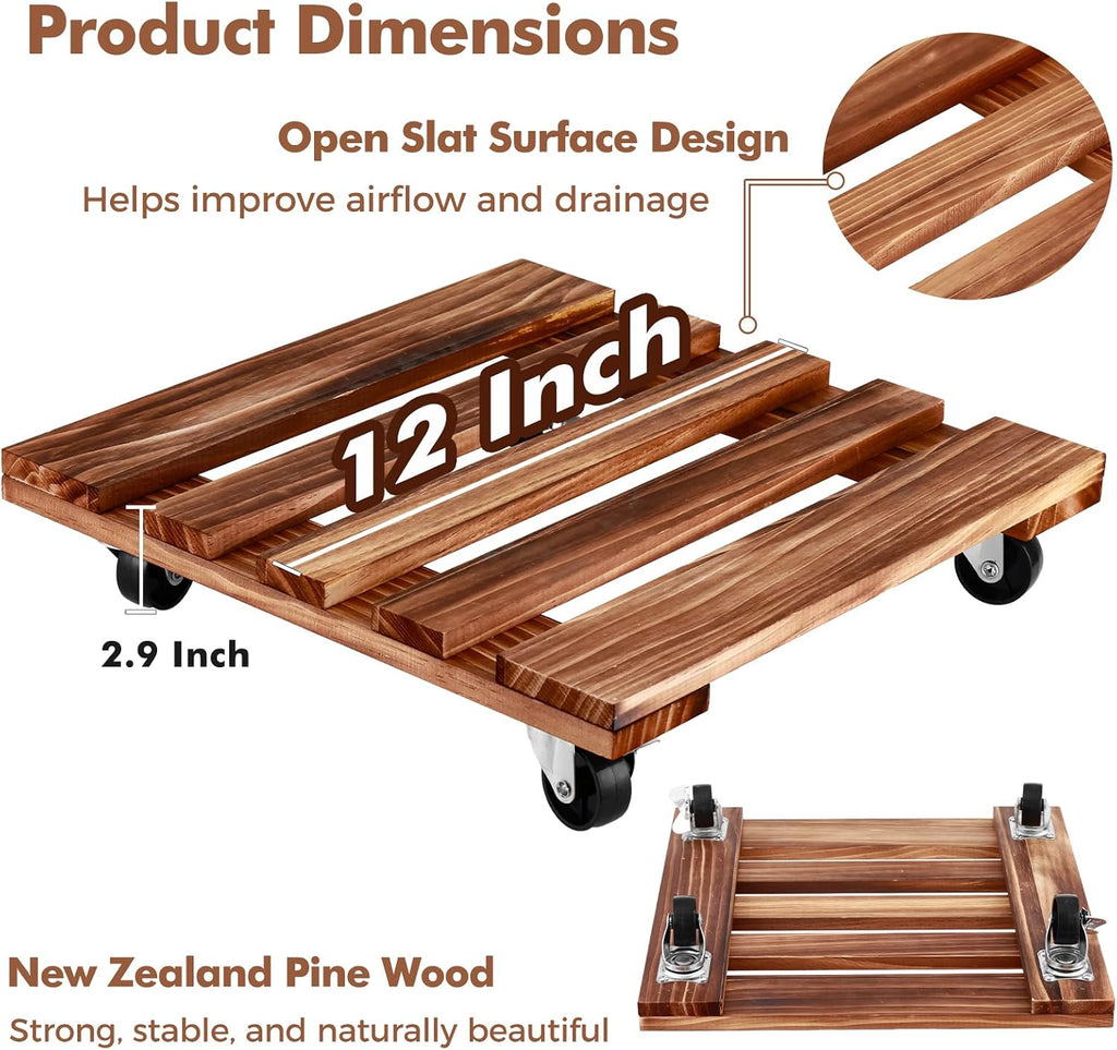 12 Inch Plant Caddy with Wheels, 4 Pack Rolling Plant Stand Rollers with Casters Wooden Plant Dolly with Wheels Heavy