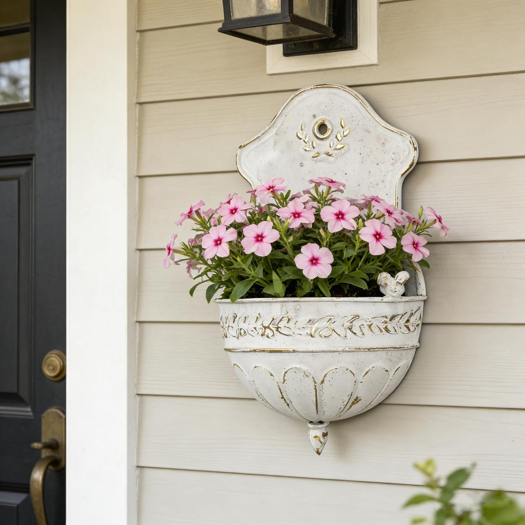 Vintage Distressed White Metal Wall Planter, Rustic Hanging Pocket Planter with Scrollwork & Scalloped Design