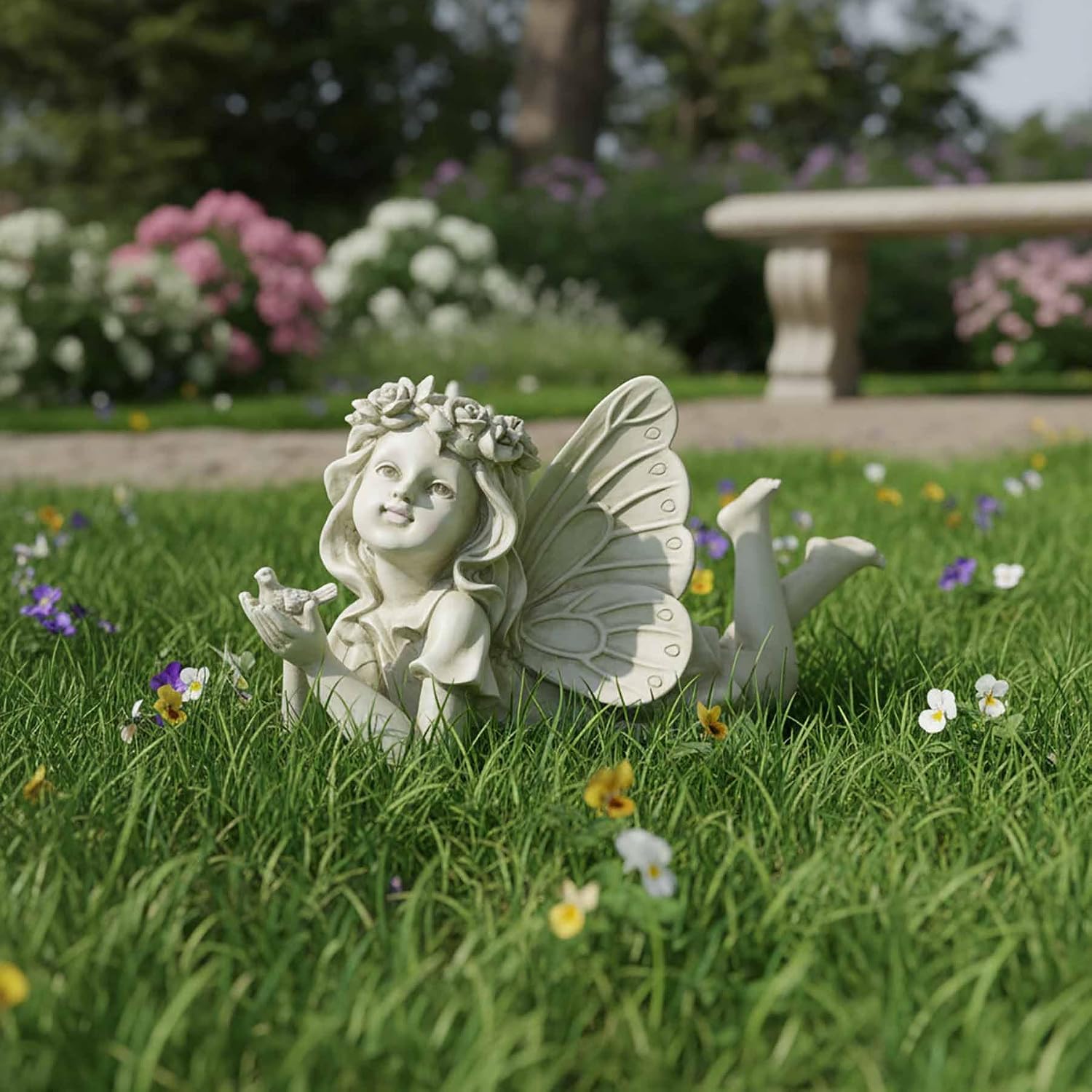 Fairy Garden Statue Holding Bird, Resin Outdoor Decor, 11.02 Inch | Hand-painted resin fairy figurine with bird and