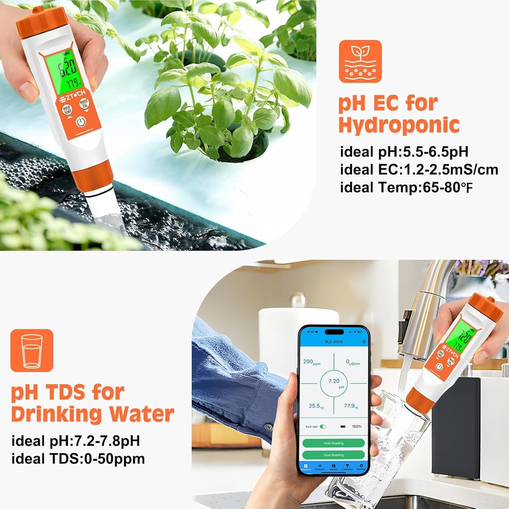 pH Meter for Water, Smart pH TDS EC Meter for Water Hydroponic | 4 in 1, pH Conductivity PPM Temp Meter, for Drinking