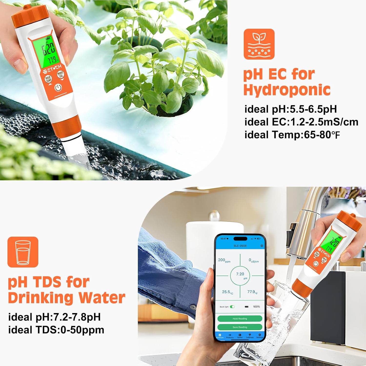 pH Meter for Water, Smart pH TDS EC Meter for Water Hydroponic | 4 in 1, pH Conductivity PPM Temp Meter, for Drinking