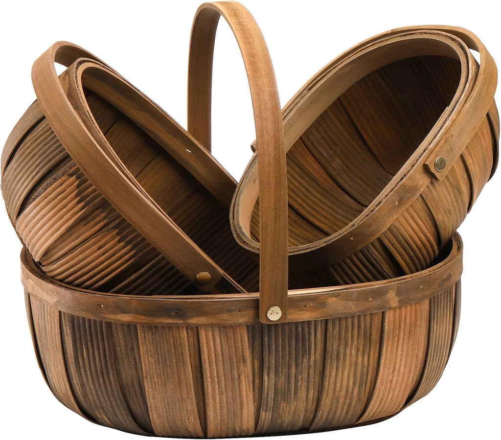 Lawei 3 Pack Wooden Bread Baskets, Wood Chip Picnic Basket with Handles, Handmade Woven Fruits Vegetable Storage