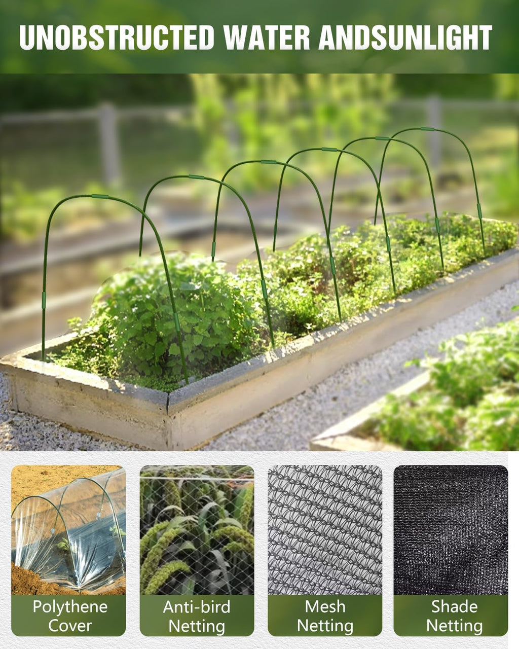 6 Sets Garden Hoops with 10x30 Ft Netting for Raised Beds, 18 Clips | 10x30 Ft Garden Net, Bird & Cicada Net for
