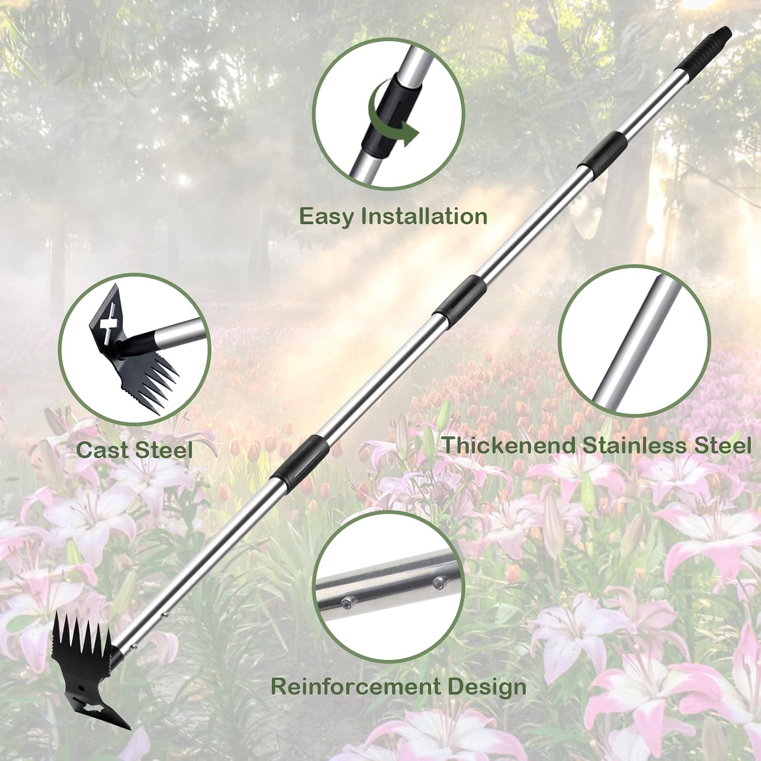 NICOFPHY Weed Puller Tool with Long Handle, Heavy Duty Garden Hoe and Rake | 60" Manual Weeder Remover Tool, 2 in 1
