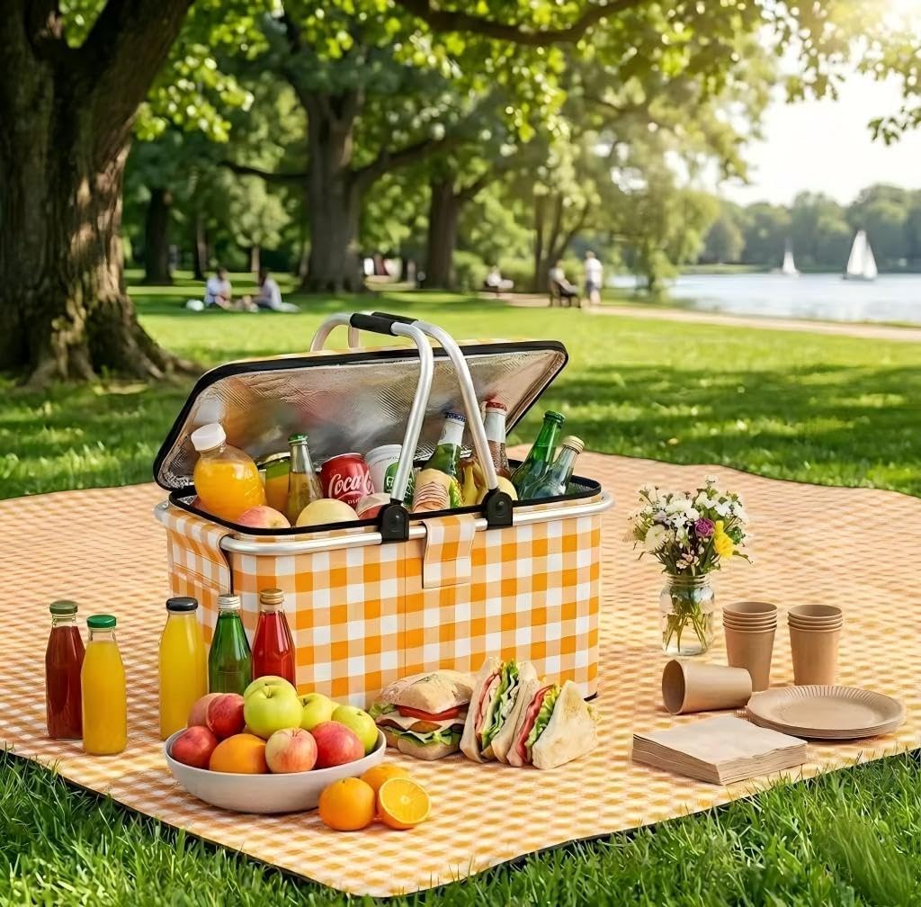22L Collapsible Picnic Basket with Waterproof Blanket - Insulated Cooler Bag & Yellow Plaid Hamper Set - Includes