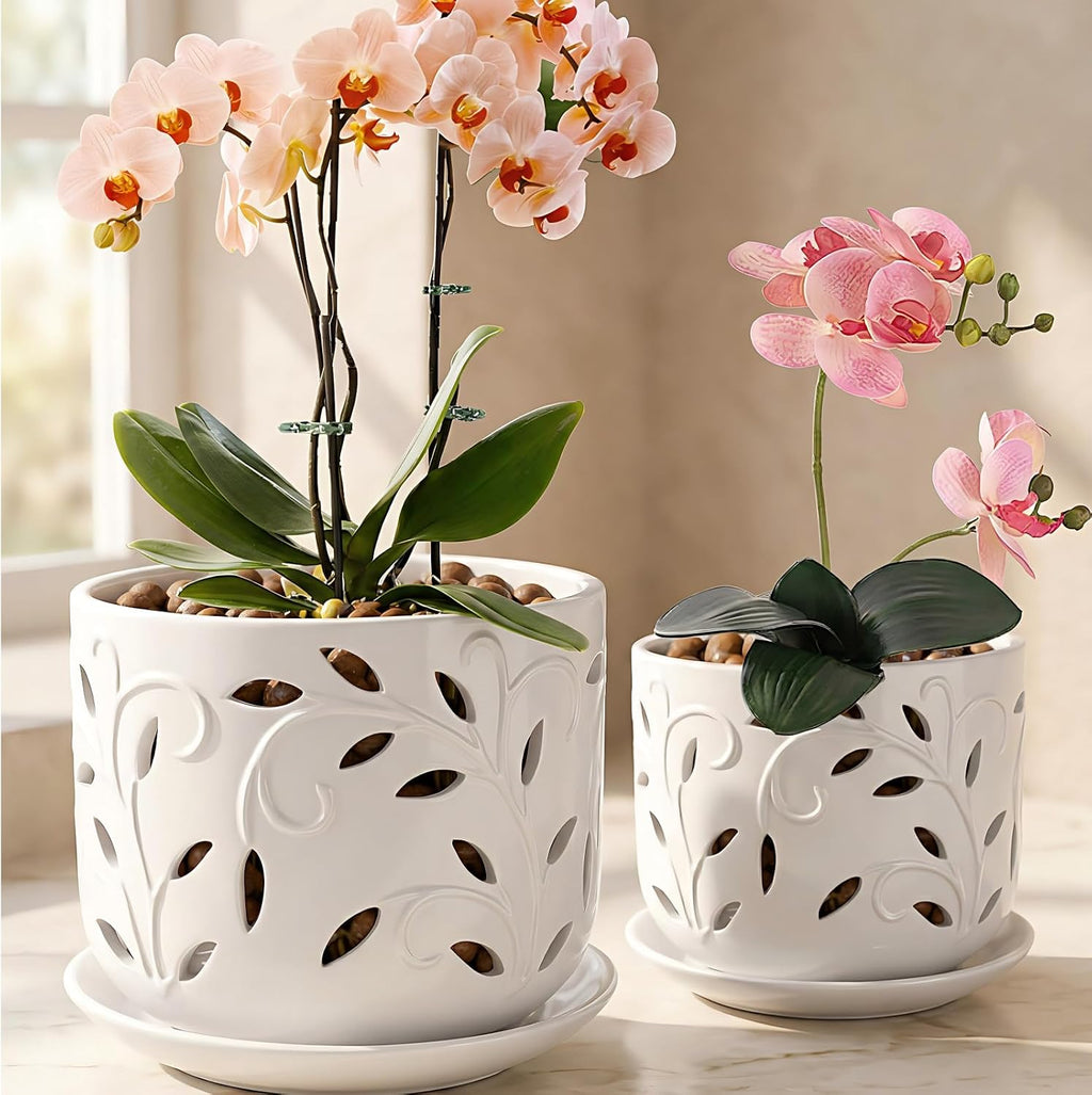 EFISPSS Ceramic Orchid Pots 5+6 Inch White with Drainage Holes & Tray, Breathable Airflow, Indoor & Outdoor