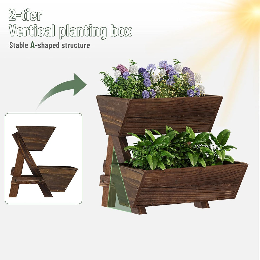 2-Tier Vertical Wooden Raised Garden Bed, Garden Planter Box,Carbonized | Freestanding Wood Flower Rack, Planter Box