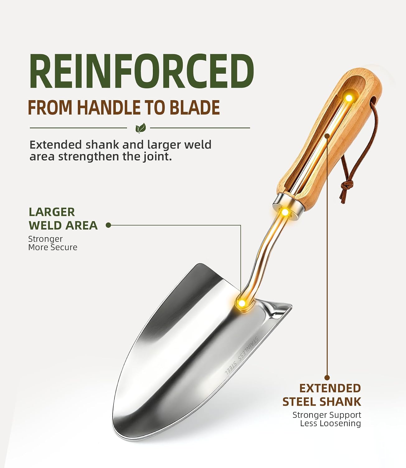 3-Piece Garden Tool Set, Stainless Steel Garden Trowel, Measurement Trowel and Hand Rake with Smooth Wooden Handles for