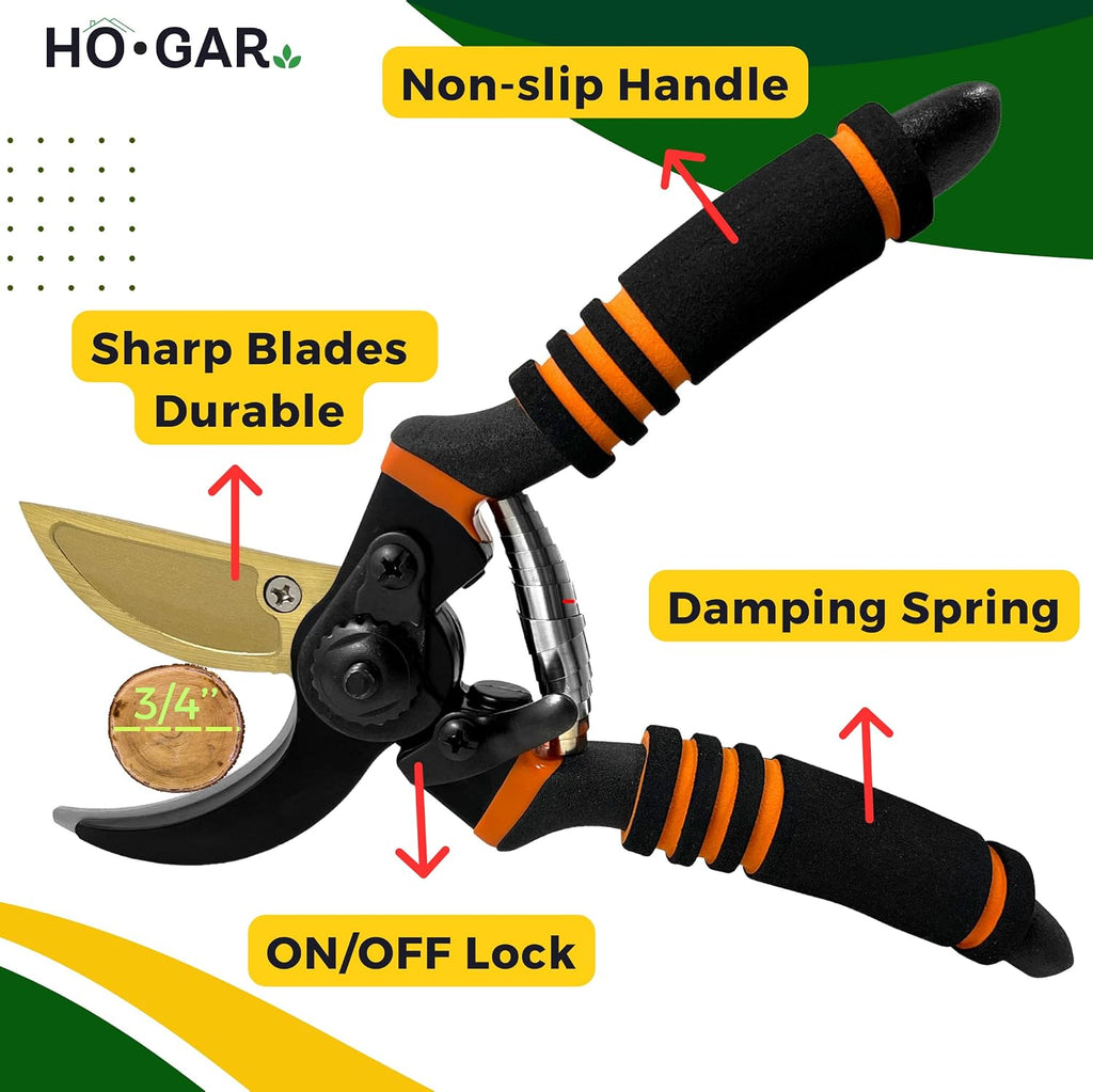 HO.GAR Premium Titanium Bypass Pruning Shears Kit: Heavy Duty Professional Hand Pruners, Gardening Scissors, Ergonomic