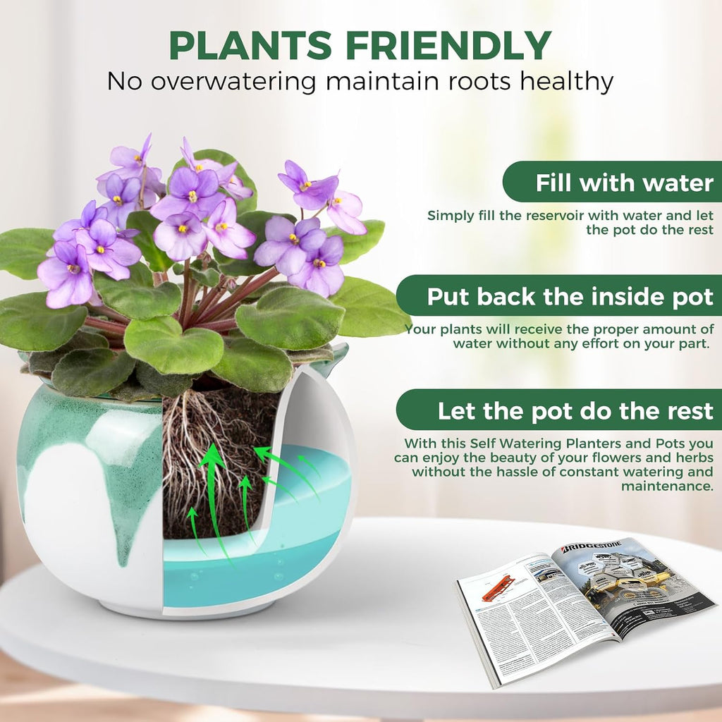 BUYMAX Self Watering Ceramic African Violet Pot Keep The Soil Moist | Reactive Glaze Color Variations | Scalloped Rim