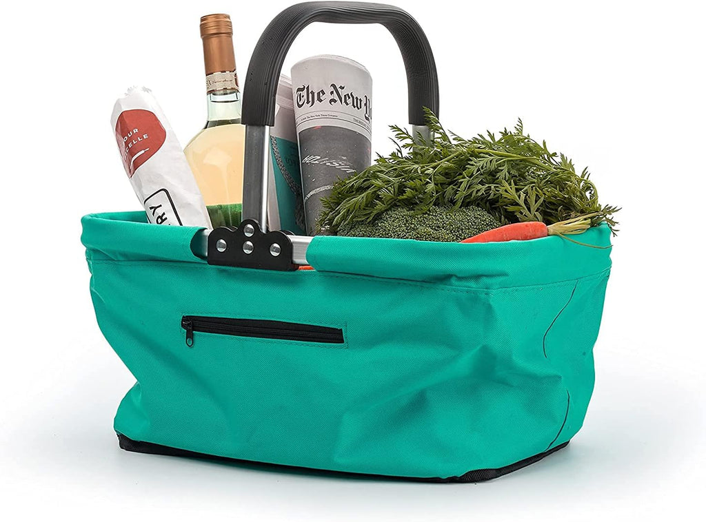 RSVP International Collapsible Market Basket Aluminum Frame, Large Zip Side Pocket, 17x11x18", Turquoise