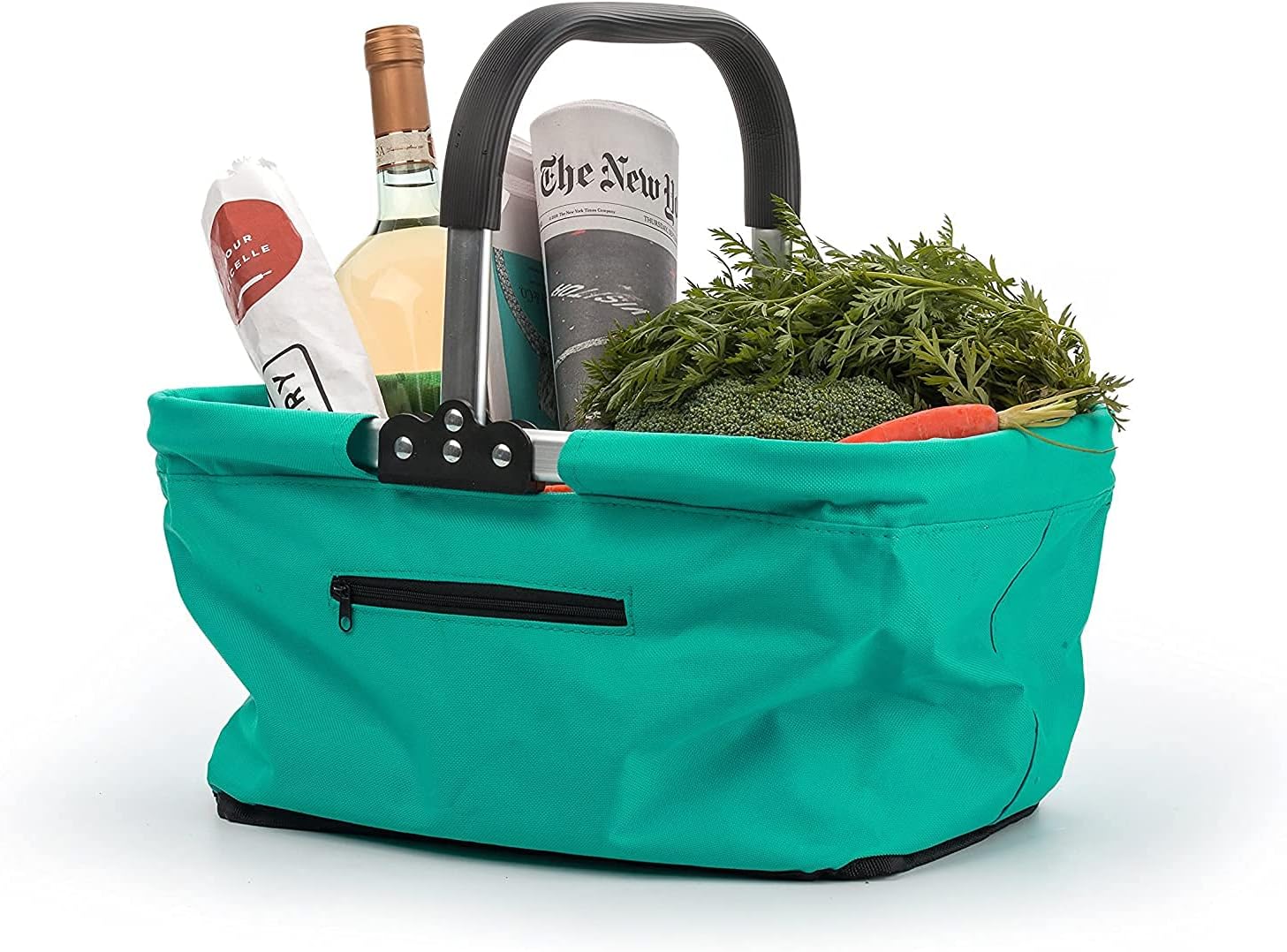 RSVP International Collapsible Market Basket Aluminum Frame, Large Zip Side Pocket, 17x11x18", Turquoise